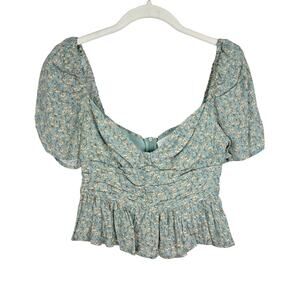 ASTR The Label Blue Ditsy Floral Cropped Peplum Ruched Top Puff Sleeve Size S